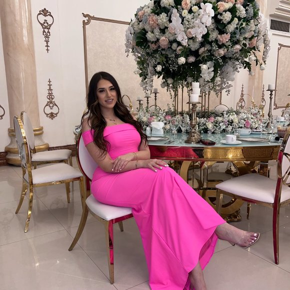 La Femme Off the Shoulder Neon Gown Size 8  WORN ONCE - Picture 5 of 5